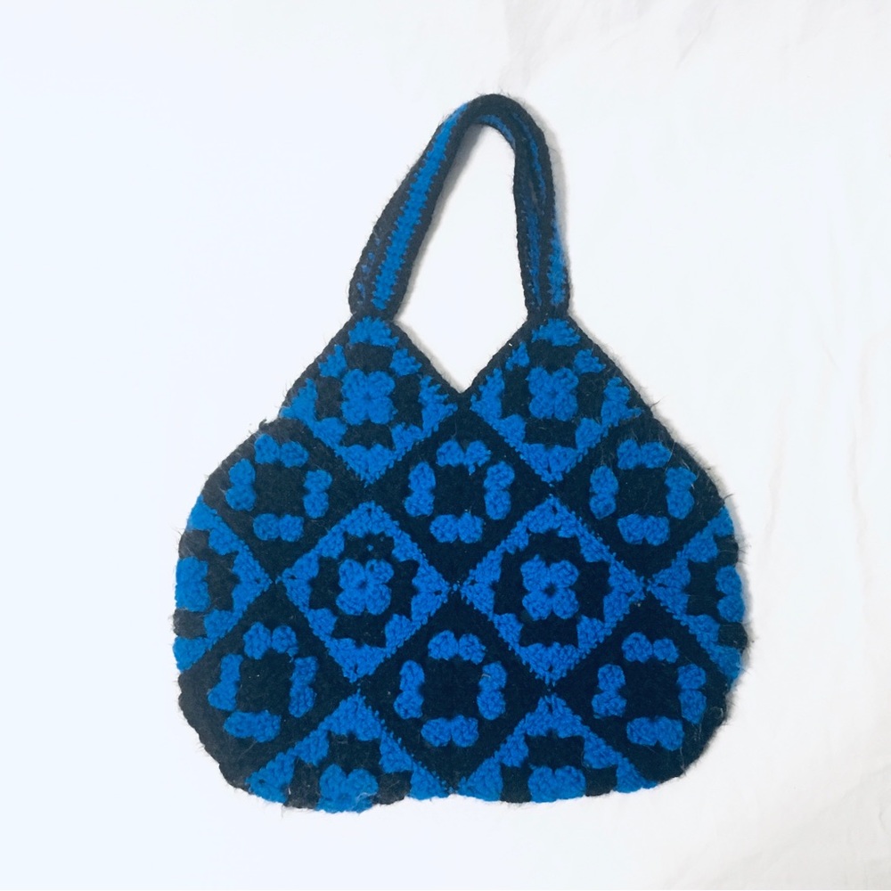Handmade Granny Square Hobo Bag Purse Black + Blue